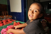 Viernes 8 de julio. Un niño de escasos 6 años de edad juega y se divierte con la lente fotográfica mientras que sus padres se dedican a la distribución del fruto del Rambután en la Central de Abastos de la ciudad de Tuxtla Gutiérrez. Este fruto es sembrad