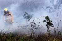 Viernes 27 de diciembre del 2013. Bomberos de la SSyCP durante las actividades de control de un incendio de un pastizal en las cercanías del Libramiento Norte y Calzada al Sumidero