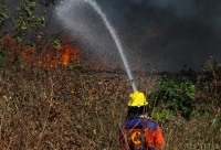 Viernes 27 de diciembre del 2013. Bomberos de la SSyCP durante las actividades de control de un incendio de un pastizal en las cercanías del Libramiento Norte y Calzada al Sumidero