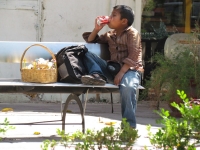 Domingo 6 de febrero. Un joven vendedor ambulante toma un refresco durante su jornada matutina para refescarse del intenso calor de esta mañana.