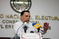 Lunes 11 de mayo del 2015. Tuxtla Gutiérrez. Edgar Humberto Arias Alba, delegado del INE en Chiapas, habla en conferencia de prensa sobre los puntos rojos dentro del mapa electoral en el proceso que compone las elecciones del próximo mes de junio en este Lunes 11 de mayo del 2015. Tuxtla Gutiérrez. Edgar Humberto Arias Alba, delegado del INE en Chiapas, habla en conferencia de prensa sobre los puntos rojos dentro del mapa electoral en el proceso que compone las elecciones del próximo mes de junio en este