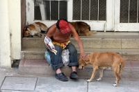 Lunes 2 de marzo  del 2015. Tuxtla Gutiérrez. Un conocido personaje de la ciudad convive cotidianamente con los animales callejeros.