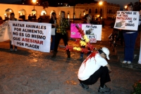 Ambientalistas de la ciudad de San Cristóbal de las Casas realizan una protesta en contra de las corridas de toros, la matanza de animales callejeros realizada  por el ayuntamiento coleto esta tarde en la Plaza de la Paz.