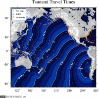 Tiempo estimado que tardaría en llegar un Tsunami como punto de partida el epicentro del terremoto. ( No implica que un Tsunami esté por llegar a la hora estimada en el mapa, es solo un ejemplo del tiempo que tardaría en llegar si en realidad existiese un