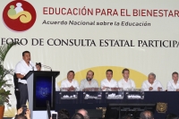Lunes 27 de agosto del 2018. Tuxtla Gutiérrez. Andrés Manuel López Obrador, presidente electo de México durante el inicio del Foro de Consulta Estatal Participativa en Chiapas, Educación para El Bienestar, Acuerdo Nacional Sobre La Educación que se 