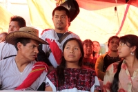 Viernes 9 de marzo del 2018. Tuxtla Gutiérrez. El grupo de desplazados del ejido Puebla más los afectados de Zinacantan, Ocosingo y Chalchihuitan durante la conferencia de prensa de este medio dí­a.