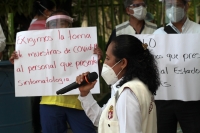 Lunes 29 de junio del 2020. Tuxtla Gutiérrez. Miembros de la seccional 50 del sindicato de Salud se manifiestan en el Hospital pascasio Gamboa  exigiendo seguridad e insumos de protección para trabajadores, enfermeras y médicos  ante el Covid-19