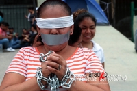 Miércoles 24 de julio del 2019. Tuxtla Gutiérrez. Entre las cotidianas protestas en Chiapas una mujer pide que se le respeten sus  DDHH y que pueda vender sus productos en su comunidad