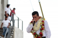 Domingo 8 de julio del 2018. Tuxtla Gutiérrez. Rutilio Escandón Cadenas después de recibir la constancia de mayorí­a de votos como Gobernador Electo del Instituto de Elecciones y Participación Ciudadana dirige su mensaje polí­tico mensaje a los ciudad