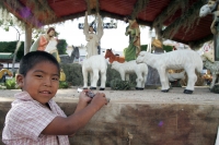 Un niño de escasos recursos juega conmovido en los alrededores del nacimiento que est siendo instalado en el atrio de la Catedral de San Marcos.